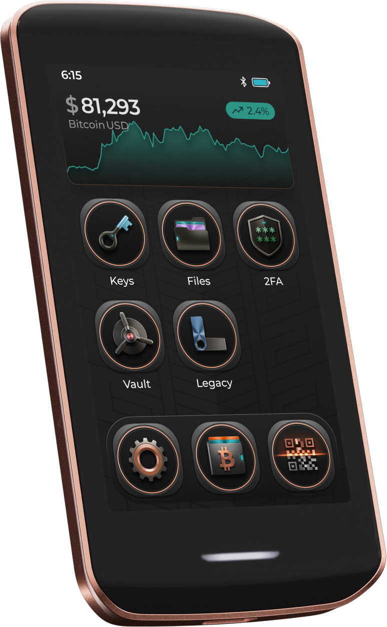 Right-facing Passport with the dark launcher showing Legacy, Files, Vault, Keys, and 2FA